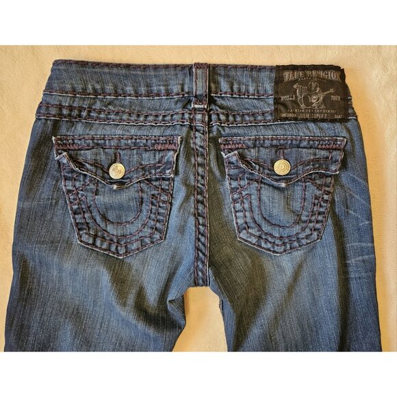 True Religion Julie Super T Jeans Womens 29 Dark Wash Thick Purple Stitch Y2K - Picture 5 of 15
